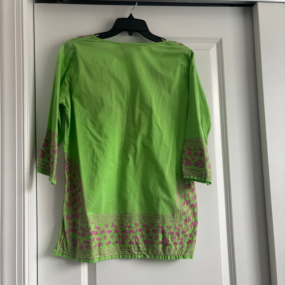 Gretchen Scott Embroidered Tunic Top Sz S Green Pink Cotton 3/4 Sleeve Coastal - Picture 5 of 9